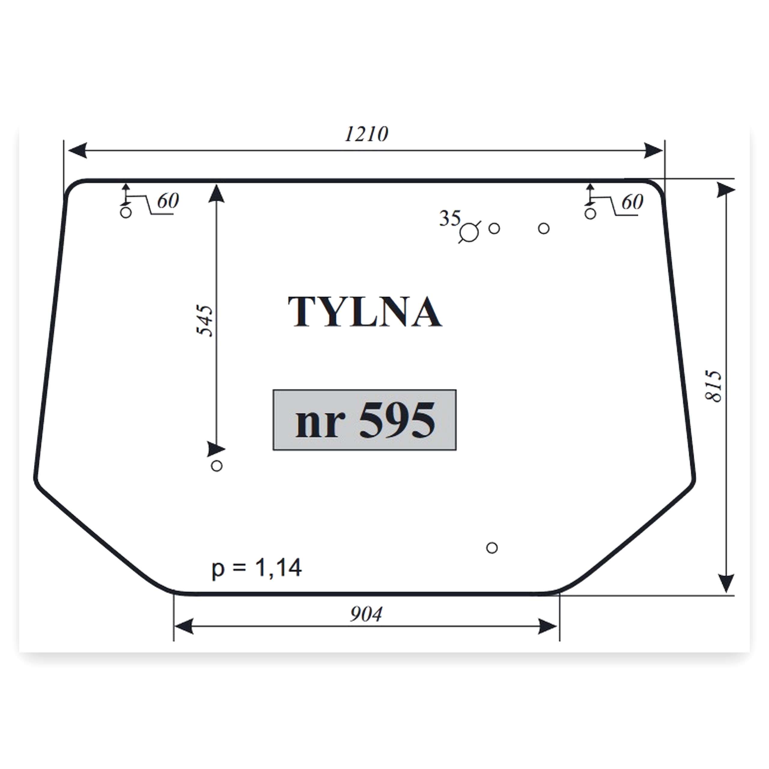 Szyba tylna 2x60 mm 1x545 mm do ciągnika Zetor 1054