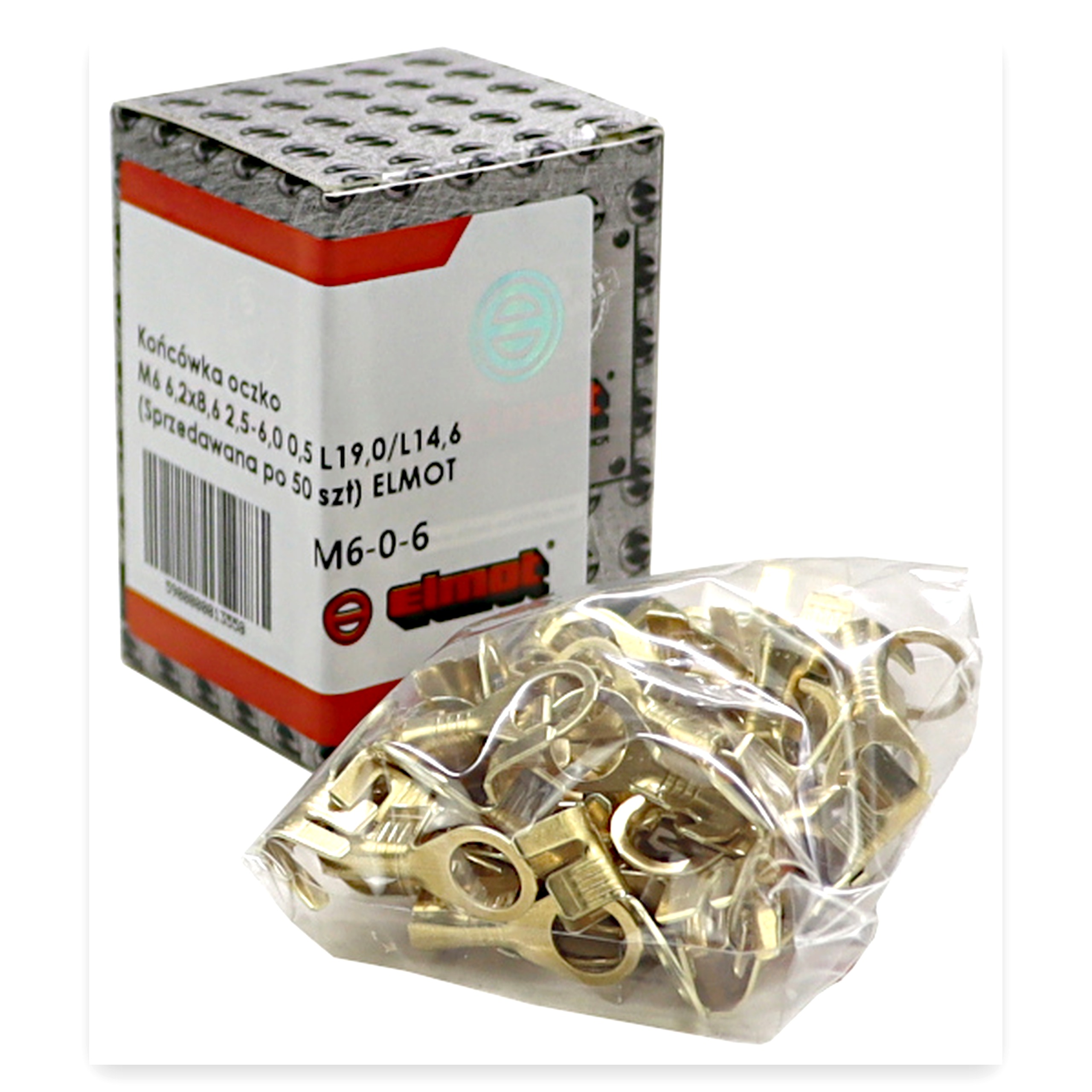 7f0f0c0b9343bb20ef196c6665ad5b1e.jpg Końcówka oczko M6 6,2x8,6 2,5-6,0 0,5 L19,0/L14,6 ( Sprzedawana po 50 szt ) ELMOT widoczna cena za 1 sztukę