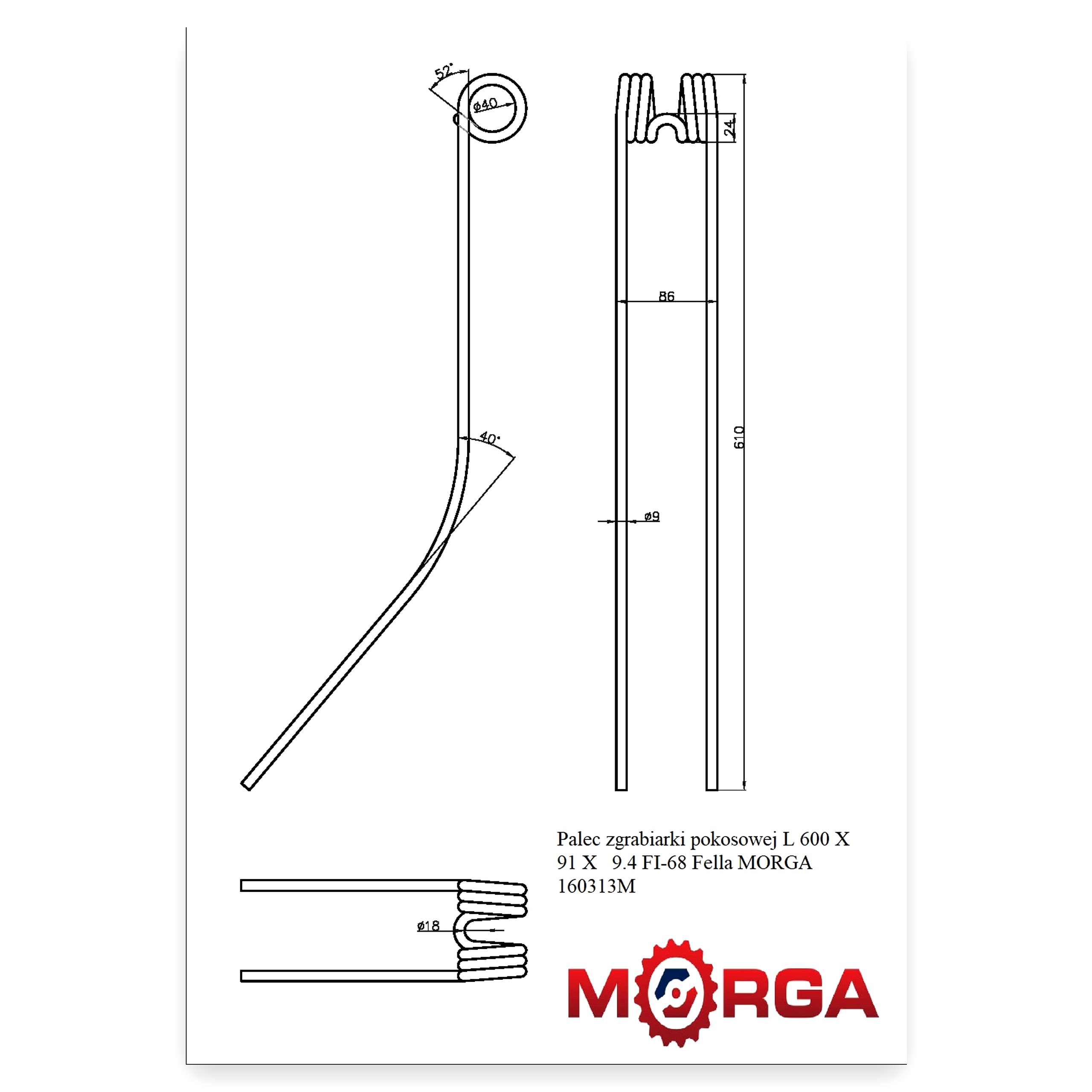 d712f747a804d92d8a8439b2a4918f31.jpg Palec ząb przetrząsaczo - zgrabiarki pokosowej FI-9,5 mm L-610 mm