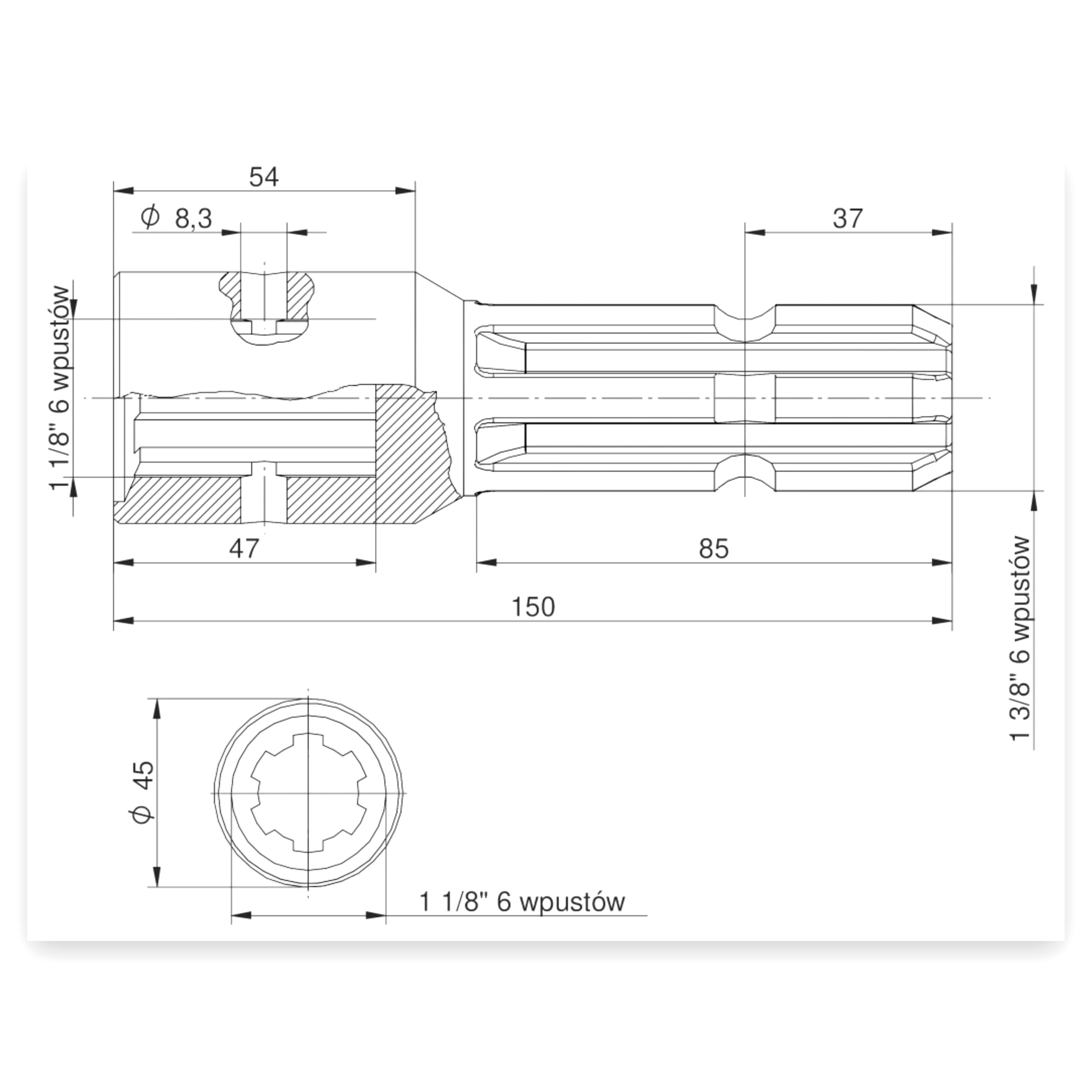 dad986382d2eb1b1bf572e5f0a47ace3.jpg Redukcja wałka WOM adapter z otworem zabezpieczającym 1 1/8" 6 wpustów
