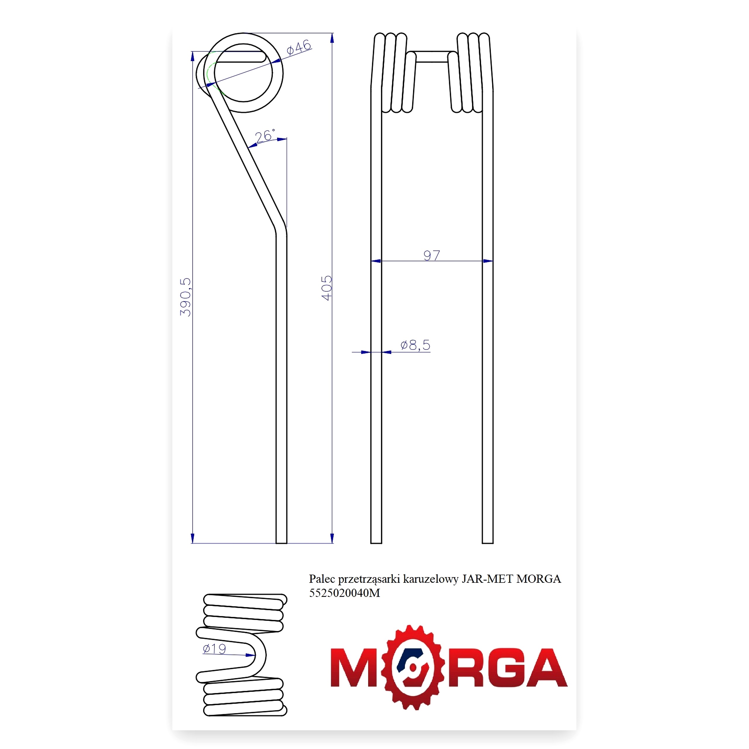 fa34b9f5df83da60b85ebe4f41306aaa.jpg Palec ząb przetrząsaczo - zgrabiarki karuzelowej FI-8,5 mm DŁ-400 mm