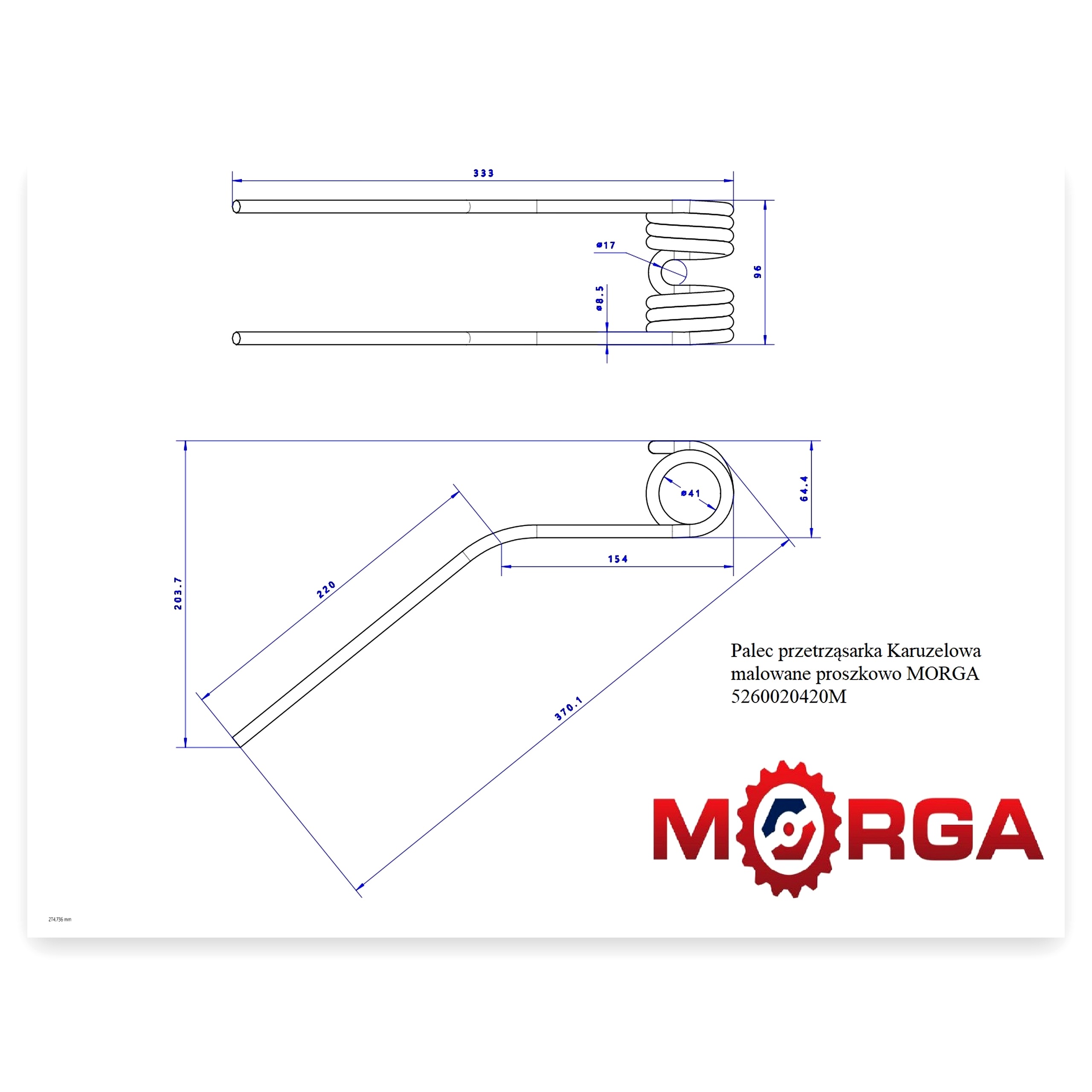 fa75c463a3377490eb0b23c0df1cab55.jpg Palec ząb przetrząsaczo - zgrabiarki karuzelowej FI-8,5 mm DŁ-360 mm