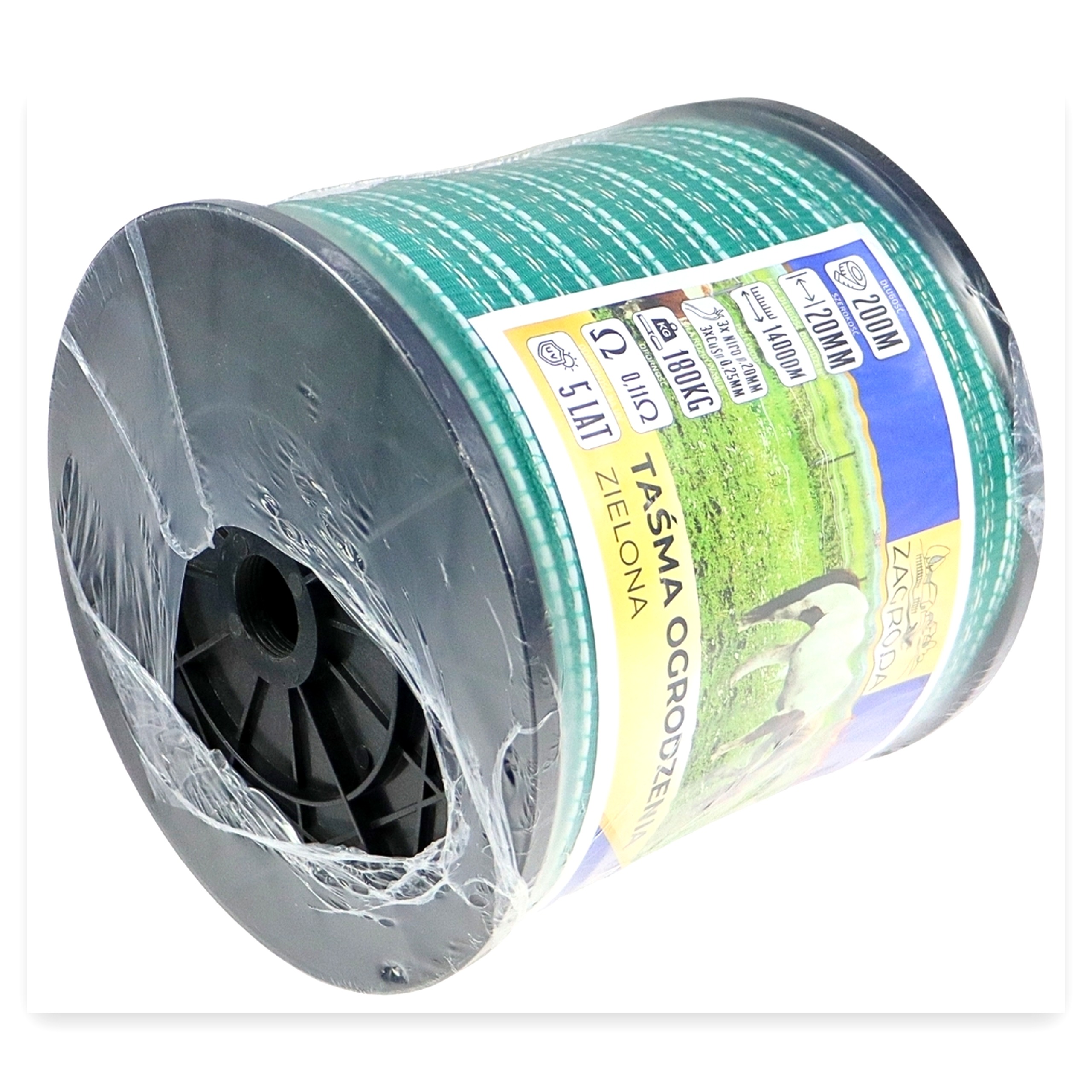 4c56196ceda98ac42b20dffd708b1285.jpg Taśma ogrodzenia elektryzatora pastucha wzmocniona 20mmx200 m odporna