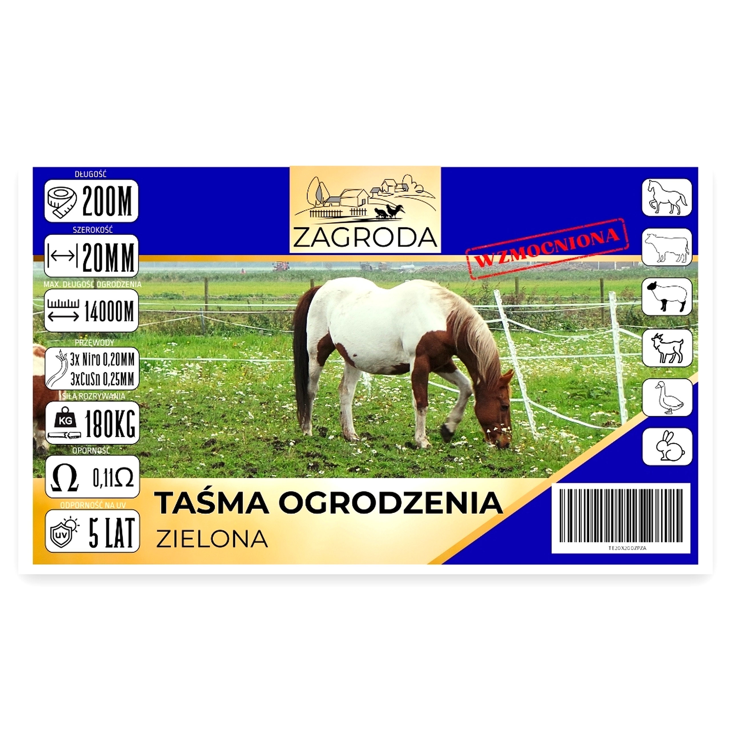 64b07e007f4c194edbe97240d251cad3.jpg Taśma ogrodzenia elektryzatora pastucha wzmocniona 20mmx200 m odporna