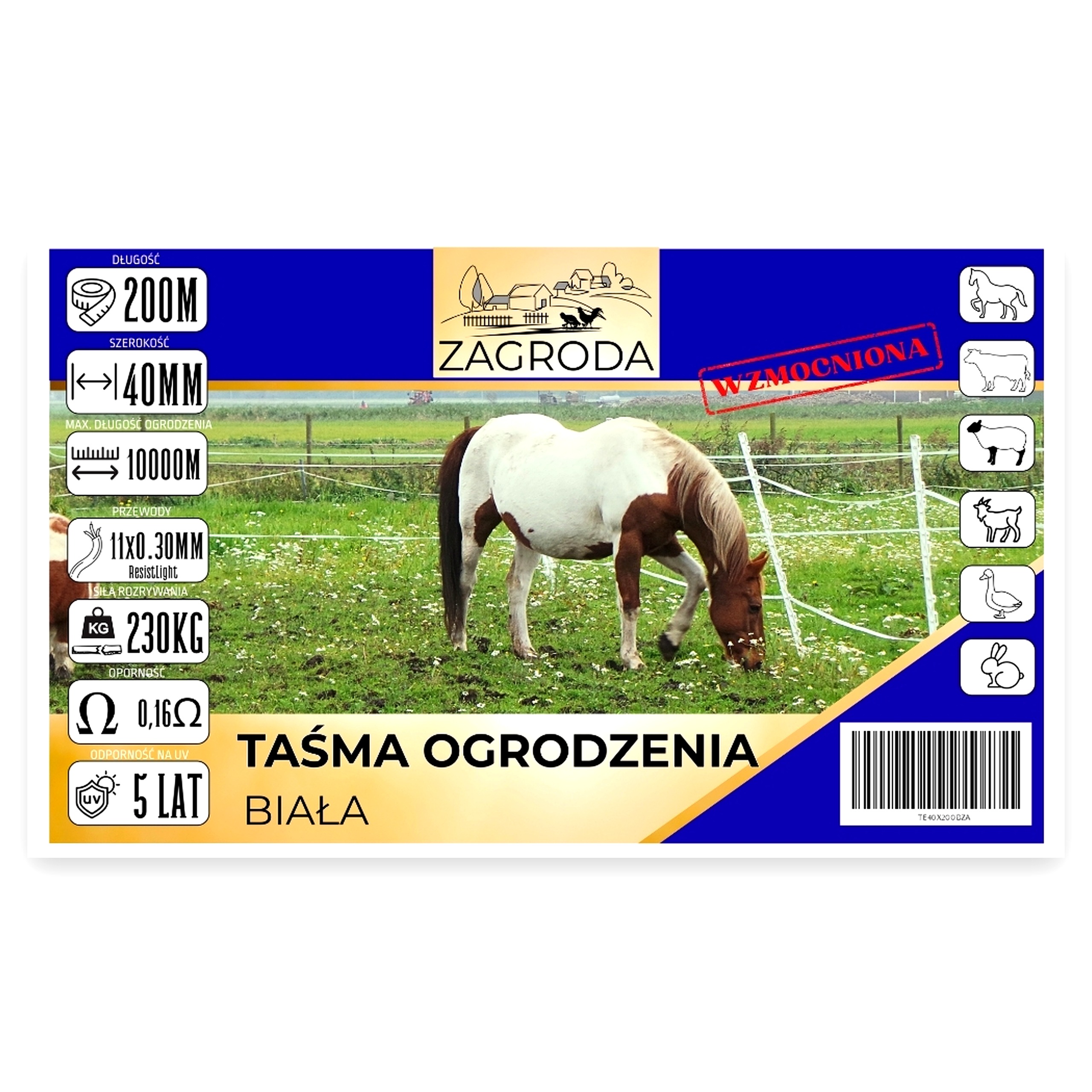 ab674fc8d44bc60e5085be4965b30eb3.jpg Taśma ogrodzenia elektryzatora pastucha wzmocniona 40mmx200 m odporna