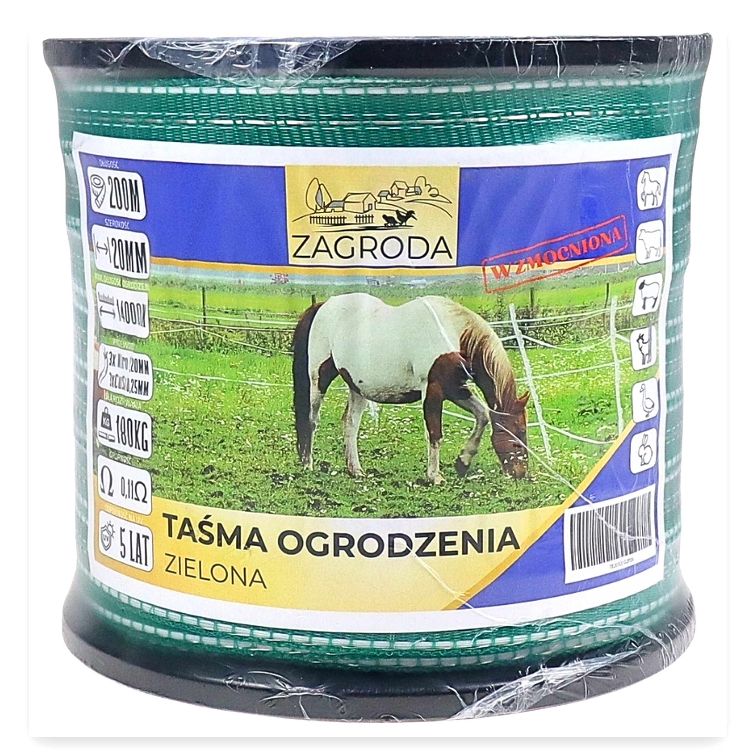d8dfd4371a6c781c6de74aef146ecdaf.jpg Taśma ogrodzenia elektryzatora pastucha wzmocniona 20mmx200 m odporna