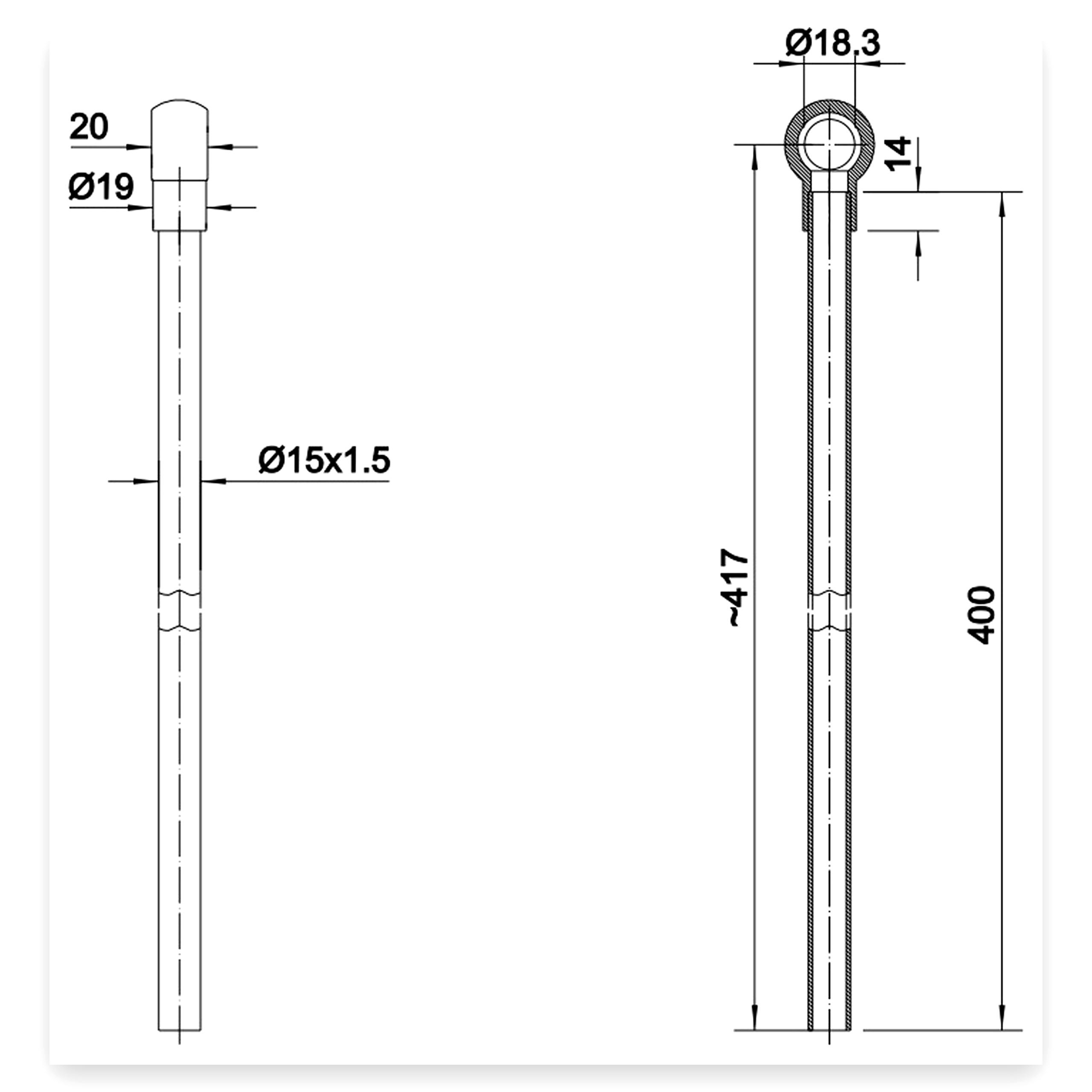 Rurka prosta FI-15 z oczkiem 18 mm długość 400 mm HYDRAL